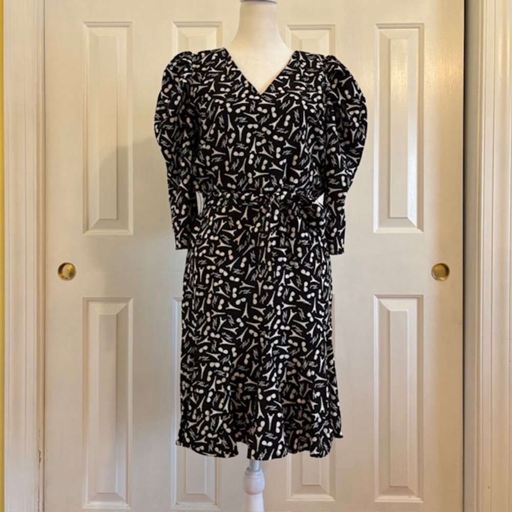 Karl Lagerfeld Paris Black/White Signature Print Puff Sleeve Flounce Hem Dress